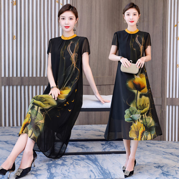 仿真絲洋裝桑蠶絲復古印花裙奢華貴夫人氣質裙