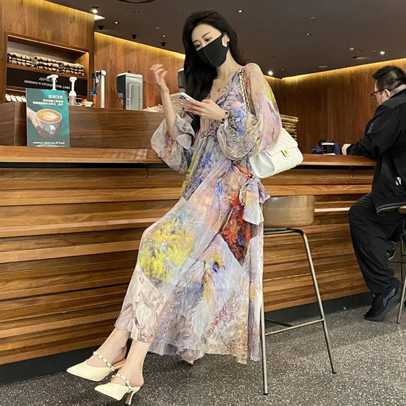 名媛氣質顯瘦中長款碎花洋裝