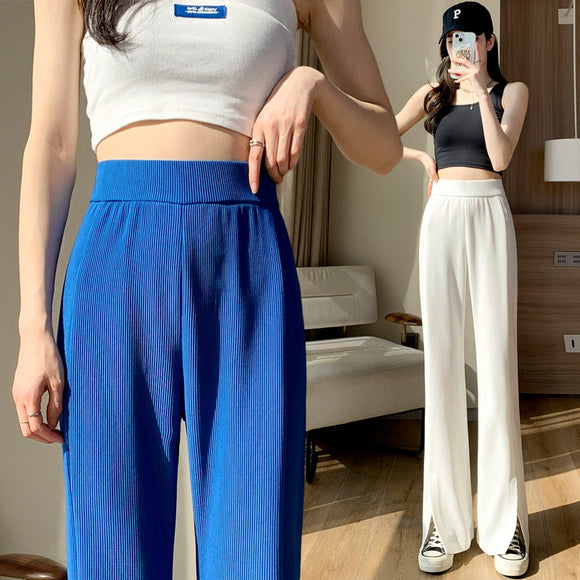 喇叭褲女2022夏季新款時尚歐美直筒高腰顯瘦垂感拖地褲開叉喇叭褲