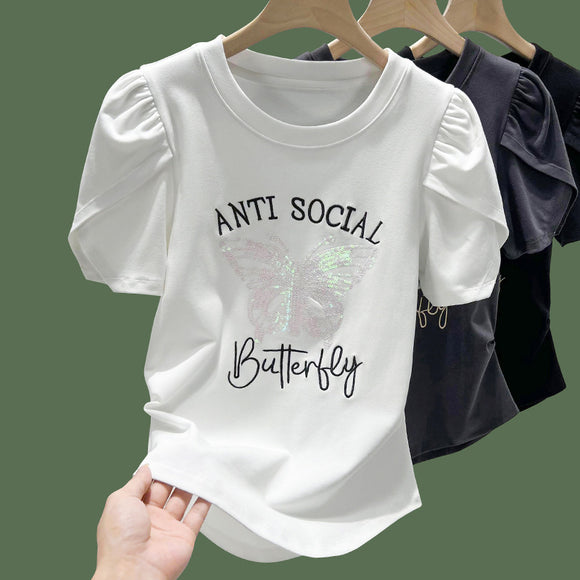 韓國夏季韓版減齡字母蝴蝶刺繡收腰顯瘦圓領短袖T恤女