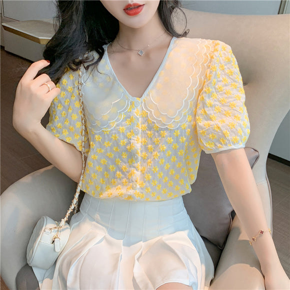 2022新蕾絲刺繡襯衫女短袖娃娃領雪紡衫歐美內搭上衣