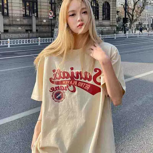 美式復古oversize短袖T恤女夏寬鬆正肩大尺碼大尺碼高級感上衣ig潮牌