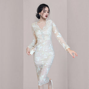 女裝2022春裝新款名媛氣質法式優雅包臀蕾絲包臀性感洋裝