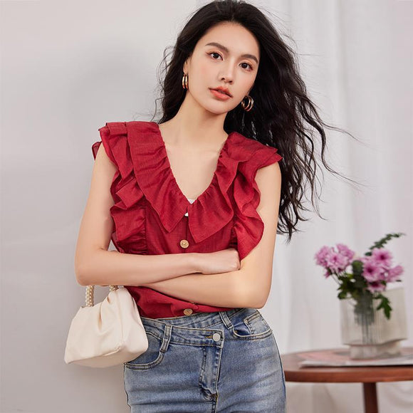 2023法式紅色V領荷葉邊飛袖襯衫女夏別緻無袖上衣