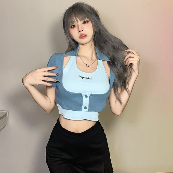 SylCue 韓版女團短款背心T恤兩件式套裝女修身設計感顯瘦兩穿上衣夏季