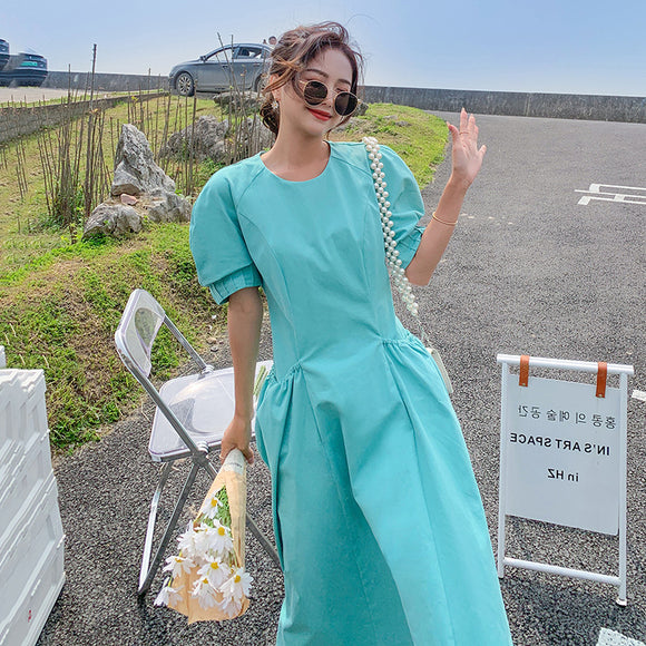 法式設計感泡泡袖洋裝女夏季韓版收腰顯瘦寬鬆氣質長裙