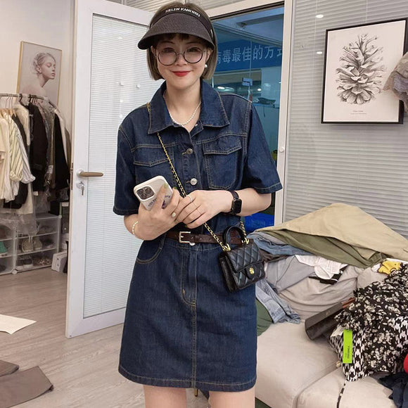 復古港風大尺碼女裝顯瘦A字裙大尺碼牛仔洋裝顯高收腰小個子短裙