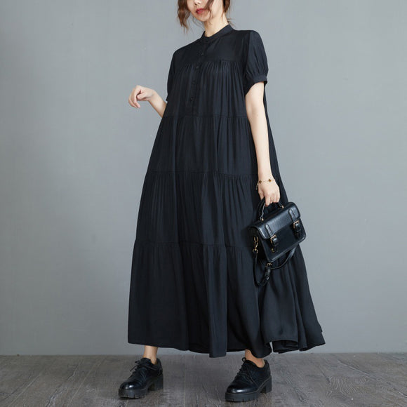 2022夏季新款復古黑色拼接褶皺長款寬鬆顯瘦a大尺碼洋裝 女