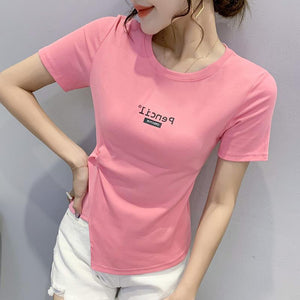 韓亞夏季短袖不規則下襬圓領印花時尚修身顯瘦短袖上衣潮