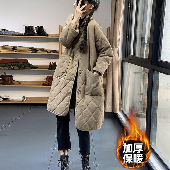 大尺碼菱形格鋪棉上衣女中長款鋪棉上衣秋冬季寬鬆休閒百搭保暖鋪棉外套顯瘦