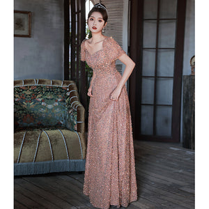 晚禮服女粉色亮片法式長款學生藝考演出服晚會宴會年會主持人禮服