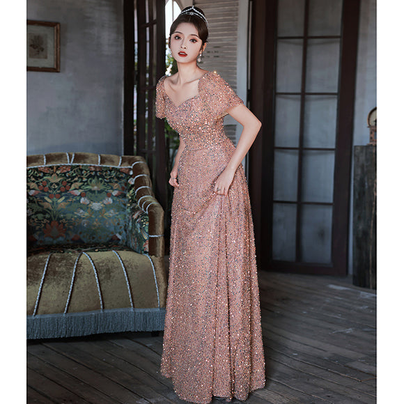 晚禮服女粉色亮片法式長款學生藝考演出服晚會宴會年會主持人禮服