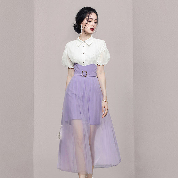 2022新款夏裝女裝氣質兩件式套裝泡泡袖白色襯衫紫色網紗裙褲套裝