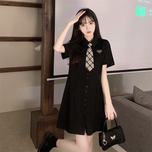 早春季2022年韓版新款學院風POLO領收腰百褶裙子學生短袖洋裝女