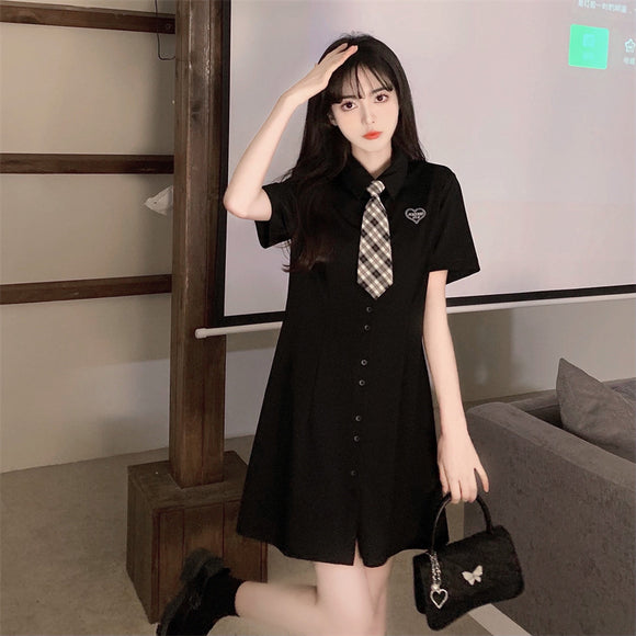 早春季2022年韓版新款學院風POLO領收腰百褶裙子學生短袖洋裝女