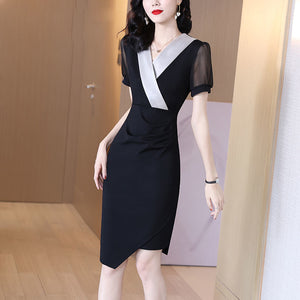 收腰洋裝女2022新款韓版V領下襬不規則顯瘦黑色包臀一步裙女