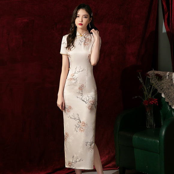 絲綢提花旗袍2023雙層2色中國風素色花朵優雅日常少女旗袍