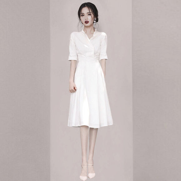 女裝2022新款氣質OL修身顯瘦名媛白色襯衫收腰時尚洋裝