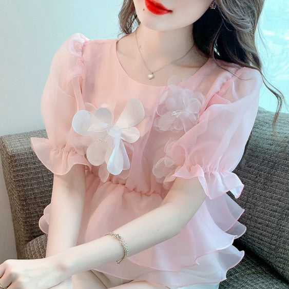 軟萌可愛立體花朵甜美少女雪紡上衣