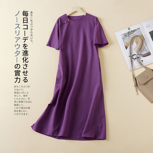棉麻2023夏季紫色亞麻小個子寬鬆中式簡約洋裝子