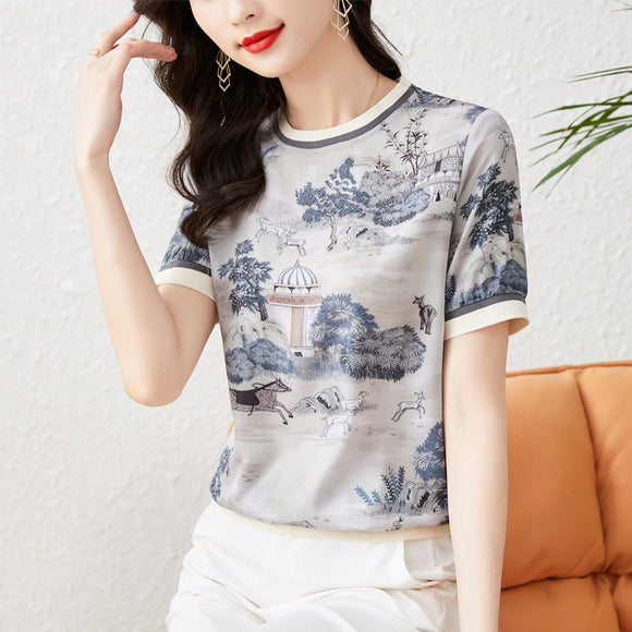 蠶絲上衣女短袖夏季顯瘦印花仿真絲鄒氣質短袖T恤