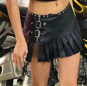 辣妹風PU皮機車鉚釘百褶裙女 性感高腰黑色開叉迷你短裙半身裙潮