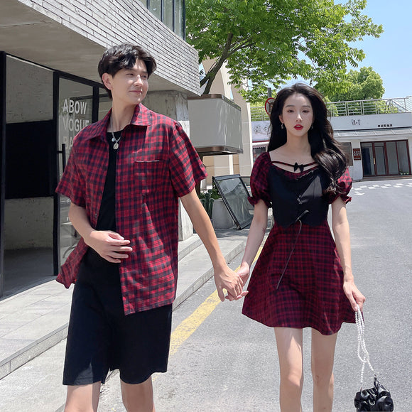 夏季情侶裝格子氣質女V領女洋裝男紅格子襯衫學院風