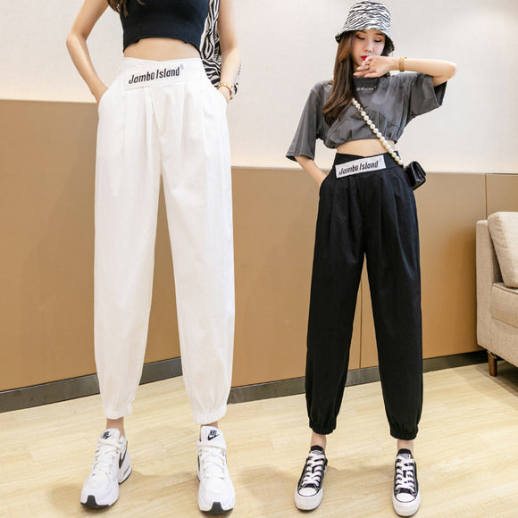哈倫褲女2022夏新款時尚歐美高腰韓版字母拼接純色束腳休閒褲
