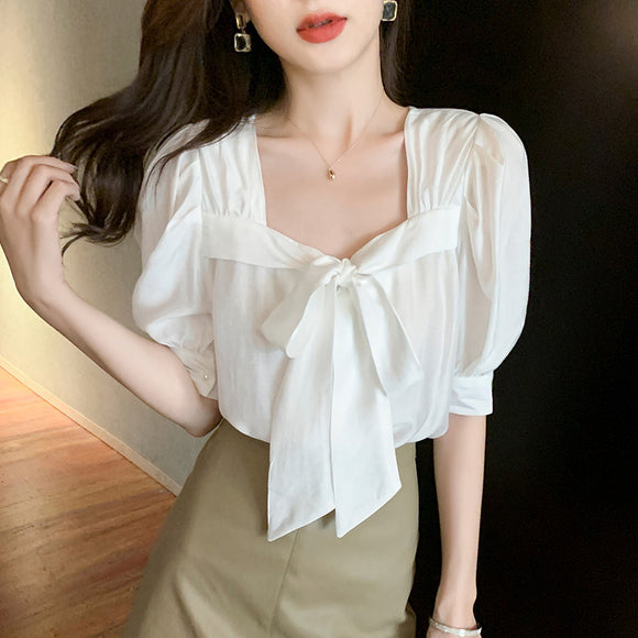 夏裝新款韓版百搭方領蝴蝶結短袖襯衫女小個子上衣夏天