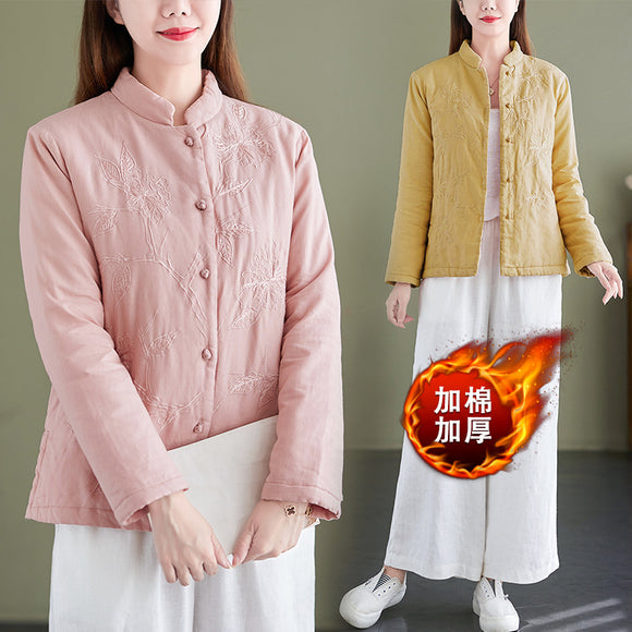 中國風復古盤釦棉麻鋪棉上衣加厚鋪棉茶服上衣刺繡棉襖短外套