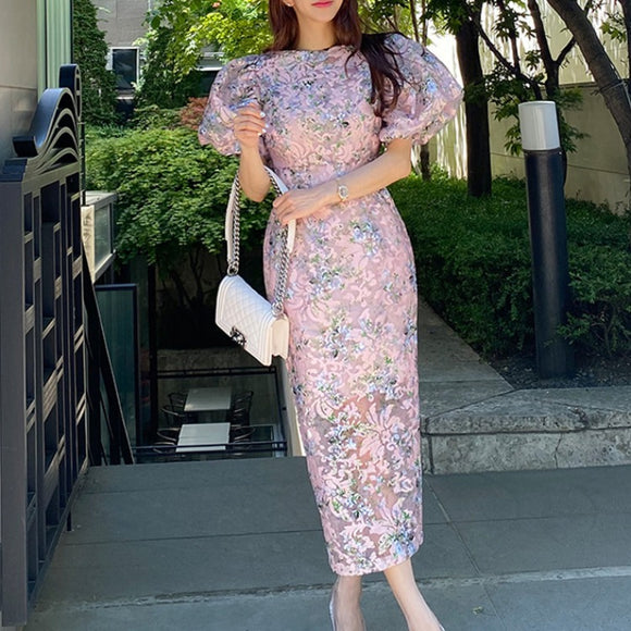 夏裝新款韓版修身長裙時尚燈籠袖印花包臀禮服裙洋裝