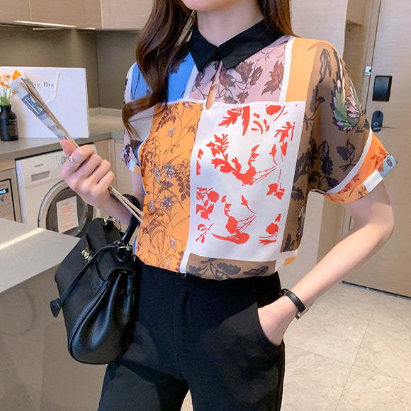 格子撞色真絲襯衫女裝夏季新款港風復古印花寬鬆上衣短袖內搭上衣