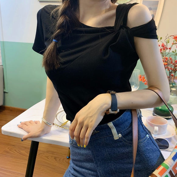 法式露肩上衣不規則夏季2022新款時尚修身純色短袖T恤女