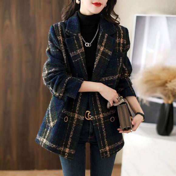 2023秋冬時尚韓系寬鬆顯瘦復古格紋百搭西裝領鋪棉毛呢外套女