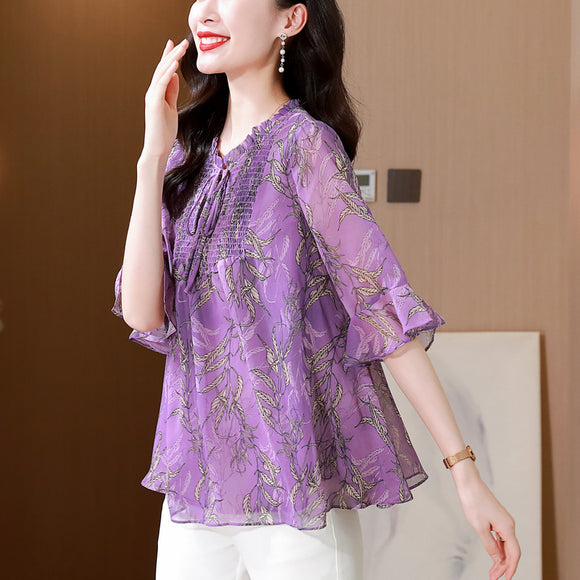 紫色雪紡襯衫上衣女2023夏季時尚歐美漂亮繫帶寬鬆顯瘦內搭上衣潮