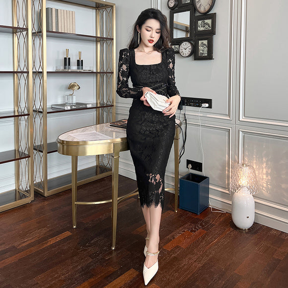 衣服女2023秋裝輕熟氣質方領修身蕾絲洋裝20024