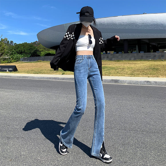 卓普高腰彈力前開衩牛仔褲女2022春秋韓版顯高顯瘦ig直筒喇叭褲