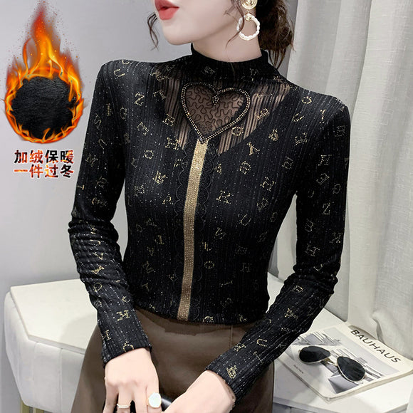 秋冬季刷毛加厚高領網紗內搭上衣歐美花邊燙鑽內搭上衣時尚保暖內搭T恤