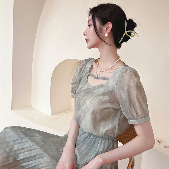 [含那]天絲混紡方領雪紡衫22夏新款簡約OL氣質短袖套頭上衣女7007