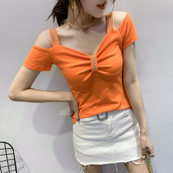 歐風女裝2022夏季新款時尚性感露鎖骨小心機燙鑽修身短袖上衣女