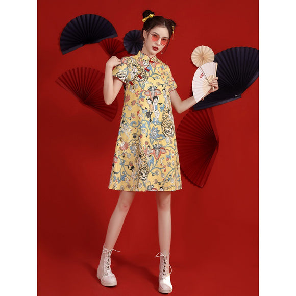 年輕款少女風現代旗袍2023夏季寬鬆微胖中國風改良洋裝