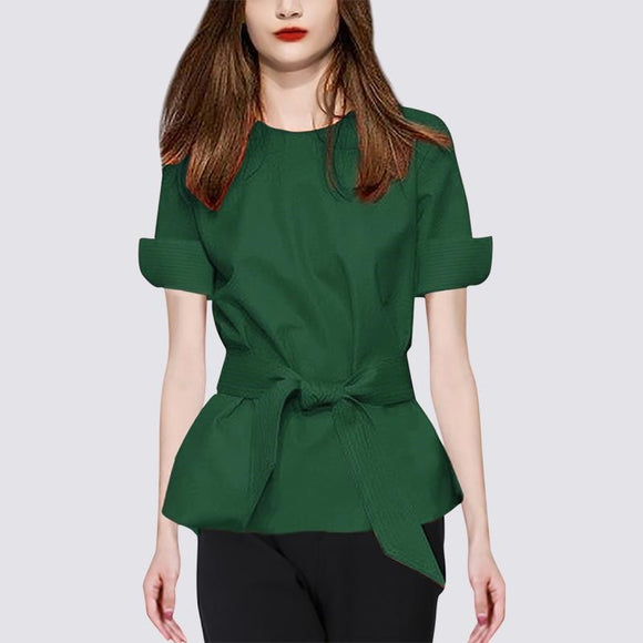 夏季設計感短袖圓領收腰襯衫女法式小眾別緻綠色上衣