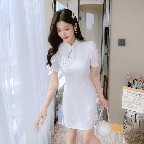 改良旗袍年女夏季短款日常白色洋裝法式小眾年輕款少女