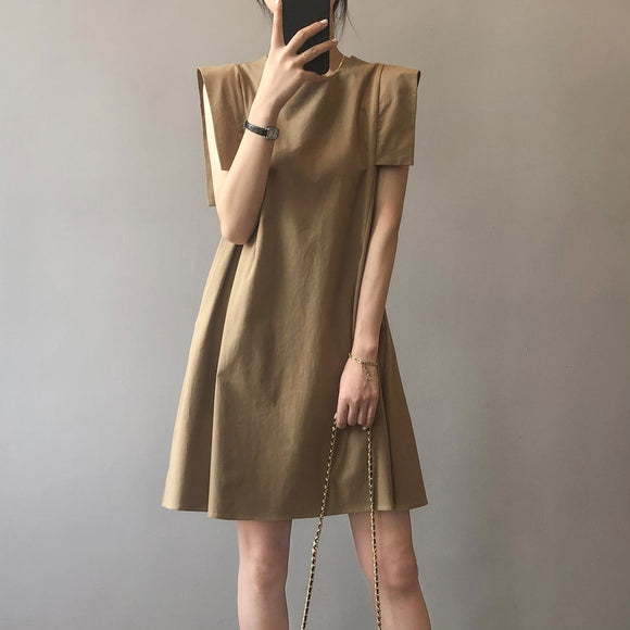 言雙無袖洋裝女2023夏季韓版寬鬆氣質圓領短款茶歇裙子7988