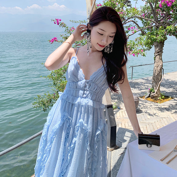 法式初戀復古溫柔小眾設計感長裙女夏季高級感仙女氣質吊帶洋裝