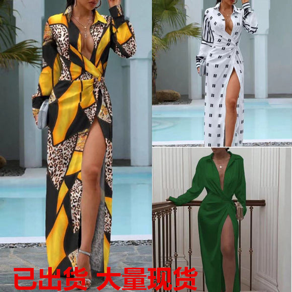 歐風繫帶開叉長袖印花洋裝