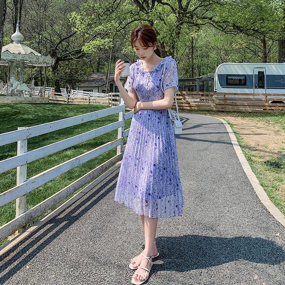 雪紡碎花洋裝女夏裝2023新款百褶夏季女裝氣質長裙子