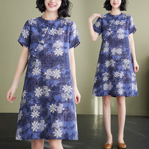 夏季新款大尺碼民族風棉麻A字寬鬆顯瘦文藝改良短袖旗袍