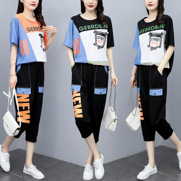 大尺碼女裝韓版夏季新款顯瘦休閒兩件式套裝短袖七分褲套裝