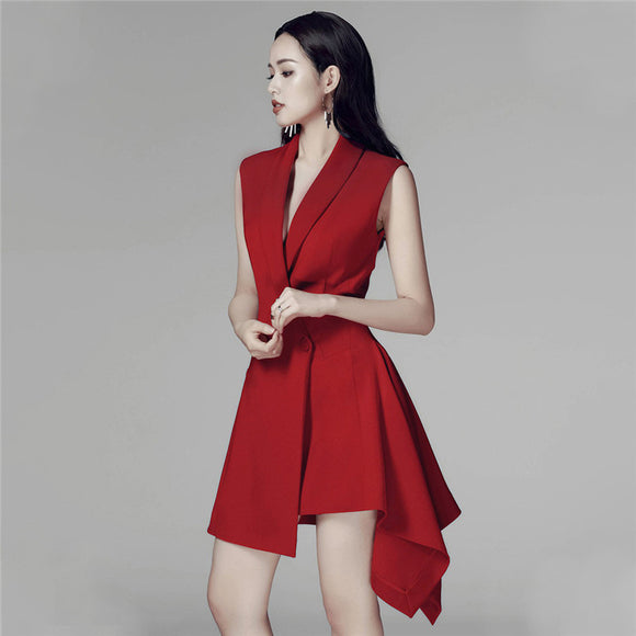 洋裝氣質西裝領收腰修身年會紅色小禮服職業不規則裙